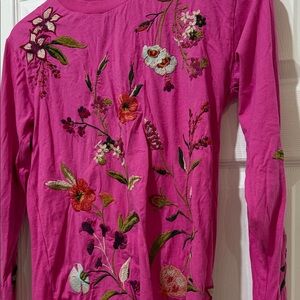 Johnny Was Pink Floral Embroidered Long Sleeve Top